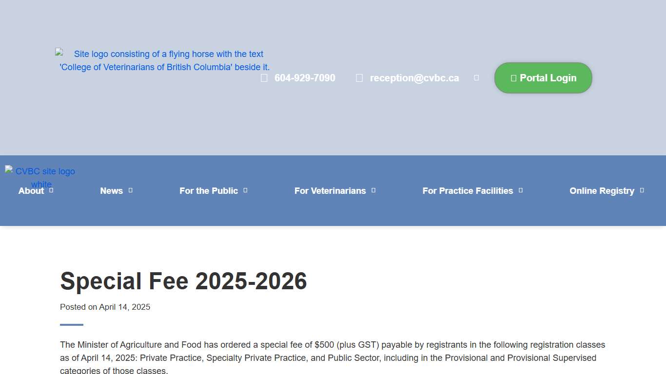 Special Fee 2025-2026 – College of Veterinarians of BC