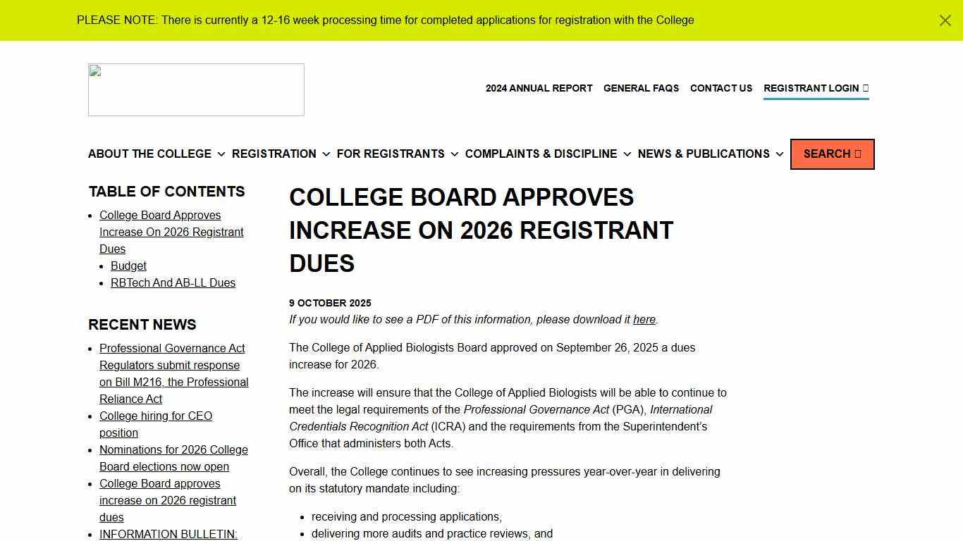 College Board approves increase on 2026 registrant dues College of Applied Biologists